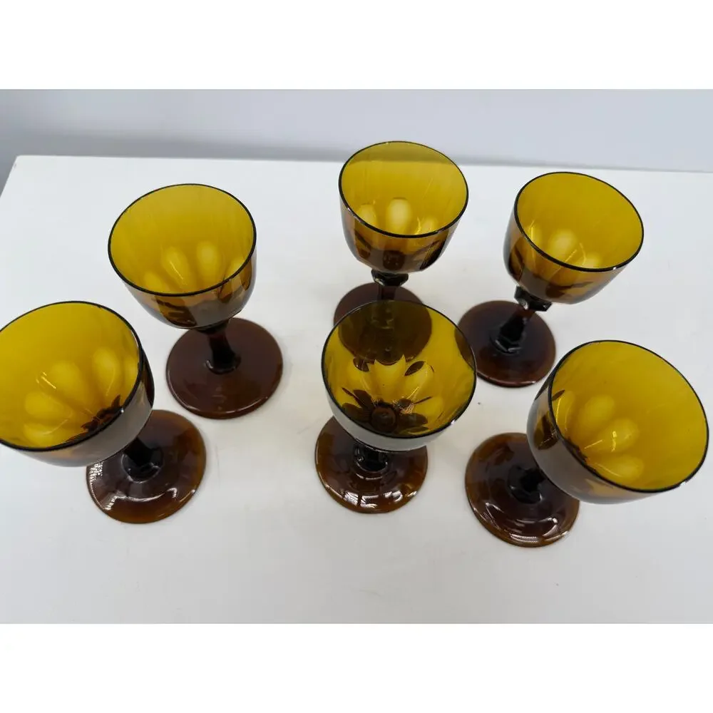 Vintage Amber Brown Goblets Set Of 6 Wine Water Glasses Mid Century Barware 5.5